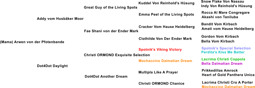 (Mama) Arwen von der Pfotenbande  Addy vom Husbker Moor Great Guy of the Living Spots Fae Shani von der Ender Mark Dot4Dot Daylight Christi ORMOND Exquisite Selection  Dot4Dot Another Dream Emma Peel of the Living Spots Cracker Vom Hause Heidelberg Clothilde Von Der Ender Mark Spotnik's Viking Victory Mochaccino Dalmatian Dream Multipla Like A Prayer  Christi ORMOND Chanice  Kuddel Von Reinhold's Hsung Snow Flake Von Nassau Indy Von Reinhold's Hsung Rocca Al Mare Congregare Akashi von Taniluba Bandit Vom Kirbach Amati vom Hause Heidelberg Gordon Vom Kirbach Bella Vom Kirbach Spotnik's Special Selection Perdita's Kiss Me Better Lacrima Christi Coppola Bella Dalmatian Dream Prikkedillas Amrock Heart of Gold Panthera Unica Lacrima Christi Cro A Porter Mochaccino Dalmatian Dream